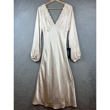 New Lulus Satin Lace Trim Long Sleeve V Neck Midi Dress size S