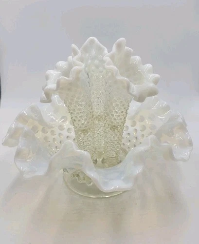 Fenton Glass White  Opalescent Hobnail Epergne 3 Horn Trumpet Ruffled Vase