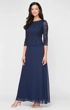 Alex Evenings, Long Gown with Sequin Lace Bodice Chiffon Skirt NAVY / 6