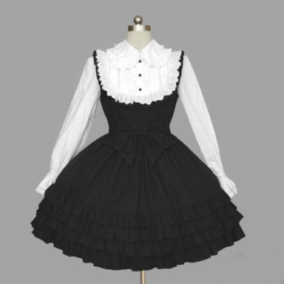 Ladies Sweet Black White Gothic Lace Ties Cosplay Lolita Dress:E