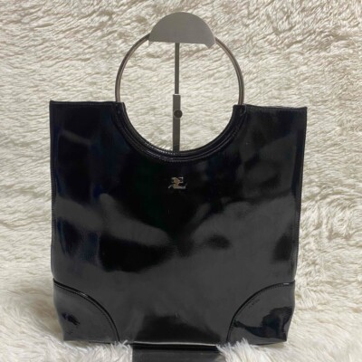 Courreges enamel handbag logo silver hardware black square H31.5xW32cm Used JP