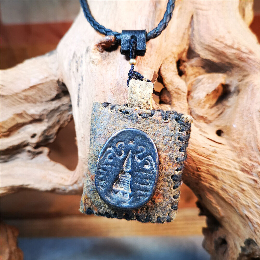 Gandhanra Antique Amulet Necklace,Stupa / Pagoda Tsa Tsa Mold on Leather Sachet