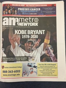 Kobe Bryant Killed 1 27 20 1978 2020 Am Metro Nyc Newspaper Free Shipping Lakers Ebay
