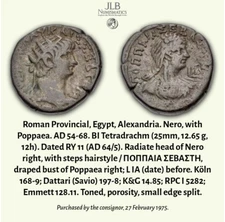 Roman Provincial, Egypt, Alexandria Nero, with Poppaea. AD 54-68 BI Tetradrachm