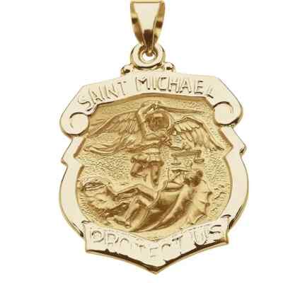 Atemberaubende handgefertigte 14K Gold 25x21,5 mm St. Michael Medaille, Anhänger, Charm.