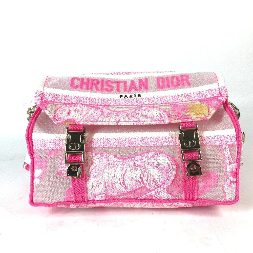 Sac bandoulière Dior Toile de Jouy logo brodé sac bandoulière toile rose/blanc