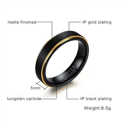 Anillo de compromiso de chapado en oro de acero tungsteno con banda negra mate de 5 mm para hombre talla 6-12 - Imagen 5 de 10