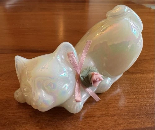 Fenton Opalescent Cat 4” Glass Figurine with Bow & Flower (note: Petals Chipped)