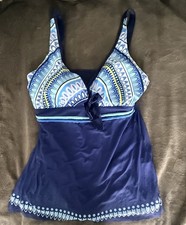 Blue Geometric Sheer Bow Accent Swimdress Plus Size XXL Women