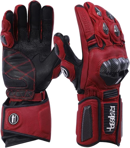 Harssidanzar Leather Motorcycle Gloves Men and XL, Oxblood/Black