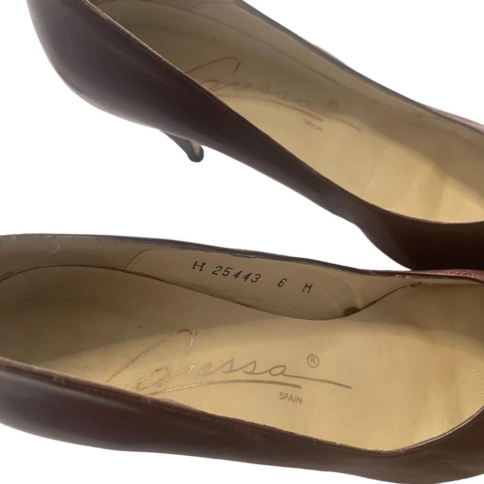 Caressa 复古女式 6 M 码西班牙制造棕色职业皮革高跟鞋 — 第 3/4 张图片