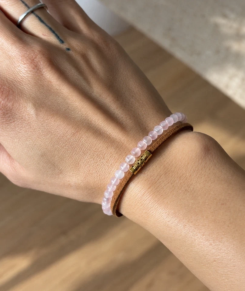 Rosenquarz Armband Set 2-teilig Leder Kordel Boho verstellbar - Bild 2 von 4