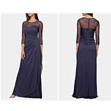Alex Evenings women size 10 Stretch Mesh Embellished Gown navy beaded long Dress