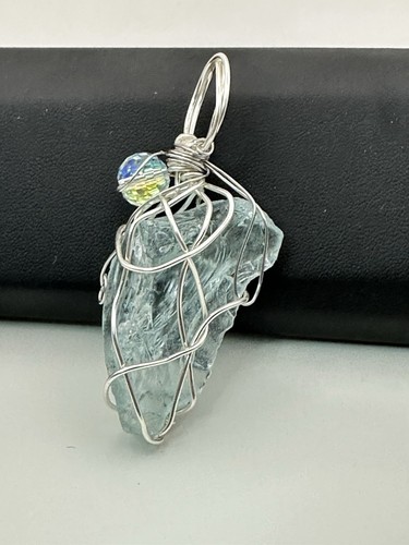 Pendant Necklace Aqua Colored Beach Sea Glass Wire Wrapped Handmade 4134 B - Picture 3 of 9