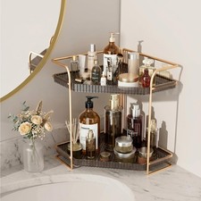 2Tier Corner Bathroom Counter Organizer Makeup Skincare Vanity Tray Gold