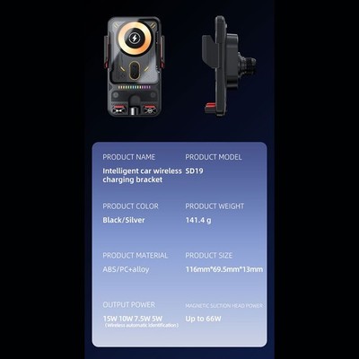 15W Wireless Charging Autohalterung mit 66W Magnetkopf und kompaktem 116mm Desig