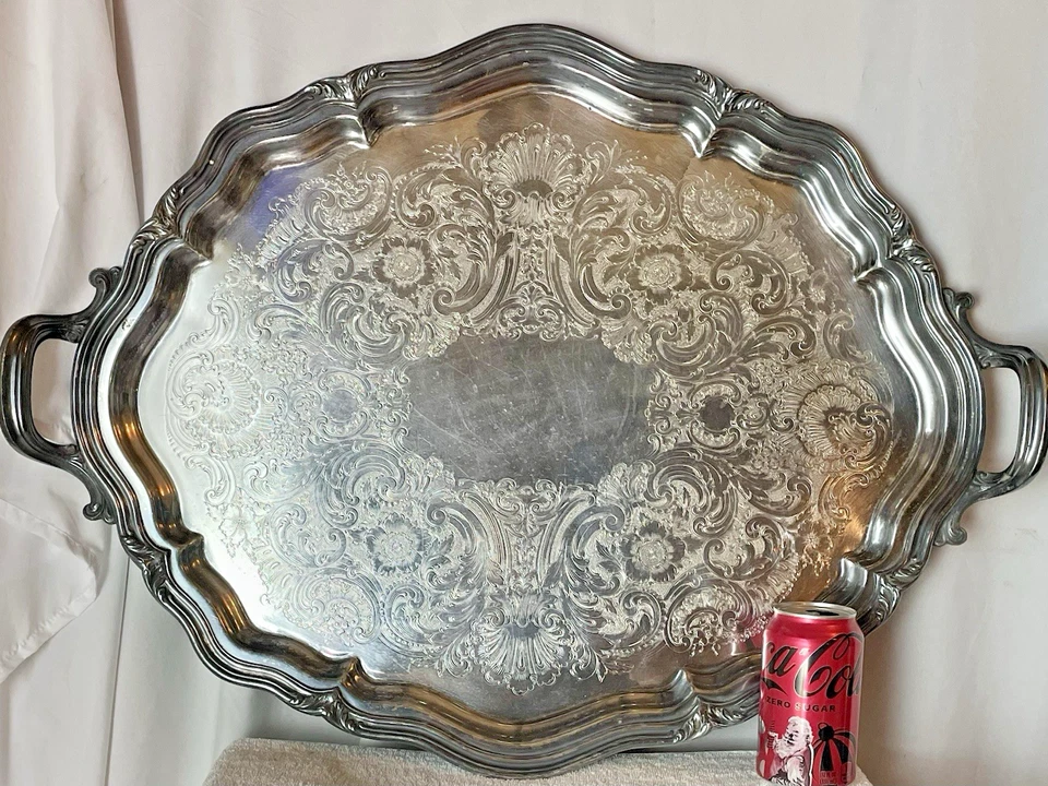 VNT REED & BARTON SILVER PLATED ETCHED BUTLERS TRAY HANDLED ORNATE PIERCED 21x28 - Image 4 of 4