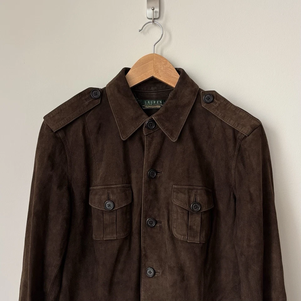 Ralph Lauren 100% замша куртка женщин большой темно шоколадный коричневый военный - Изображение 2 из 4