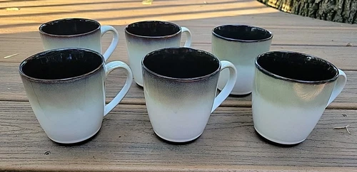 Set Of 6 Sango Nova 4932 Coffee Mugs Cups 12 Oz Black & White 4" Tall