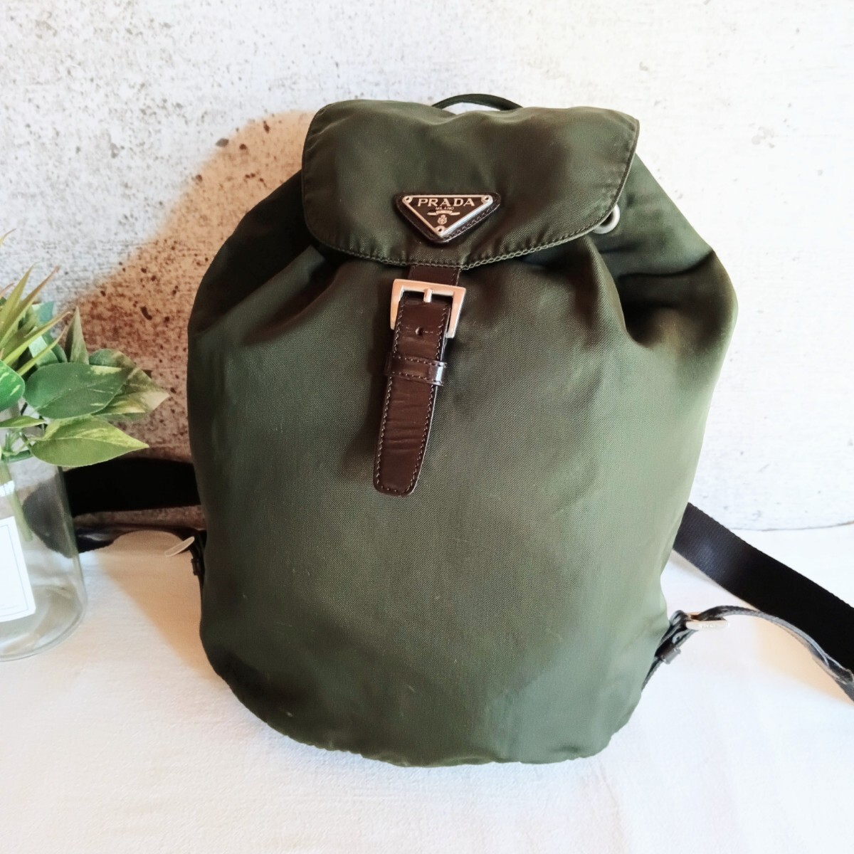 Good Condition Prada Vintage Olive Nylon Drawstring Backpack Ladies Men s from j thumbnail 2