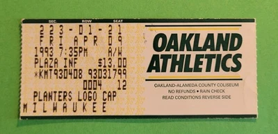 1993 Brewers Vs Athletics Ticket Stub 4/9/93 Rickey Henderson Yount McGwire - Image 1 of 2