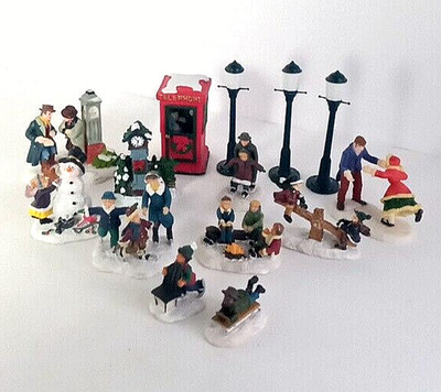 14 pc Lot Christmas Village Characters & Accessories Various Poses & Activities