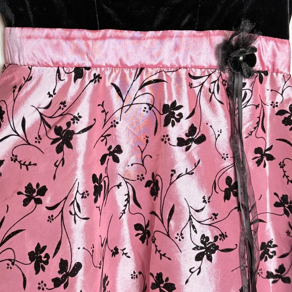 Jona Michelle Girls 6 Black Velvet Pink Floral Embroidered Holiday Party Dress - Image 3 of 4
