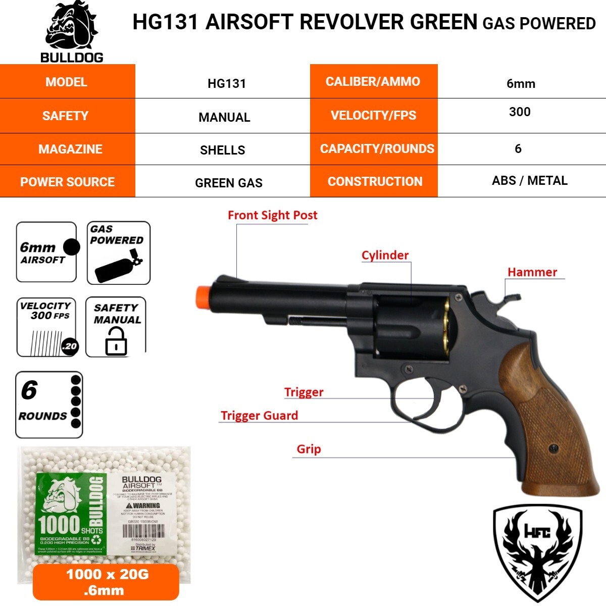 HFC Airsoft Green Gas Revolver 350 FPS Metal Hand Gun Pistol W/6mm