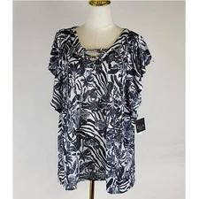 Ella Rafaella Top Womens Plus 3X Lace-Up Flutter Sleeve Floral Whimsigoth Blouse