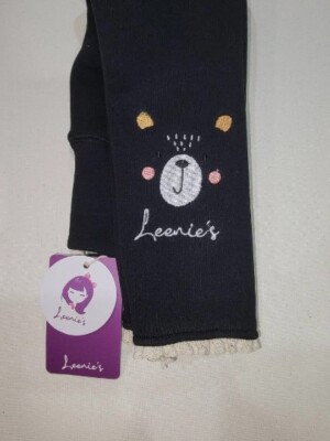 Leenies Girls Fleece Lined Leggings - Little Bear Embroidered - Size 6 Black