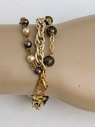 Handcrafted Rosary Marble Bead Bracelet Brown, Faux Pearls Goldtone Chain Links - Picture 3 of 5