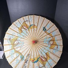    Vintage Hand-Painted Asian Dragon Parasol   Bamboo  Rice Paper Umbrella