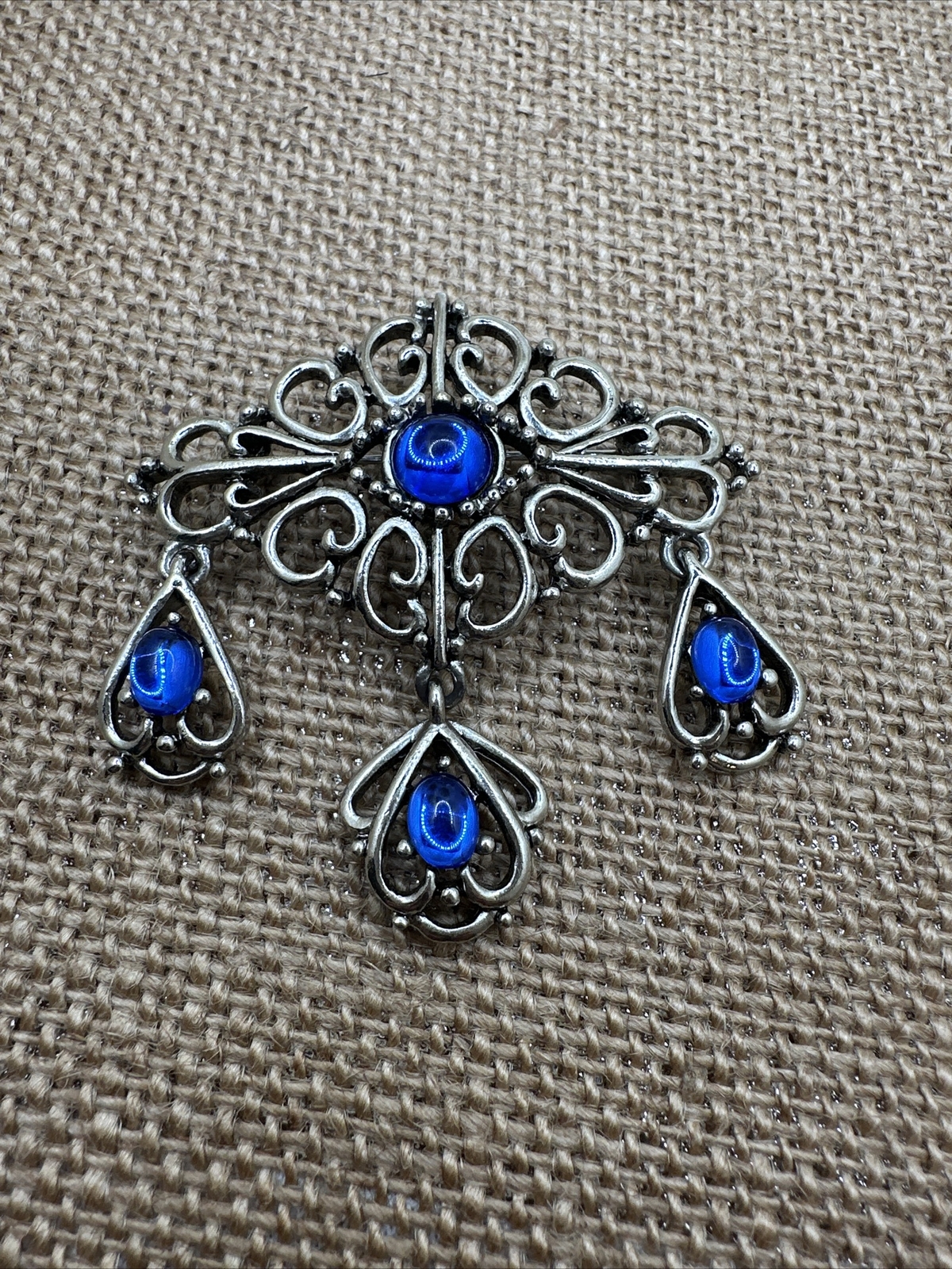 Blue Cabochon Dangle Drop Silver Tone Brooch - image 12
