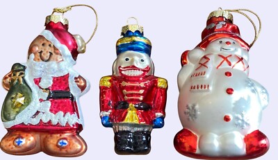 Set Of 3 Hand-Painted Glass Christmas Ornaments Nutcracker Gingerbread Snowman C