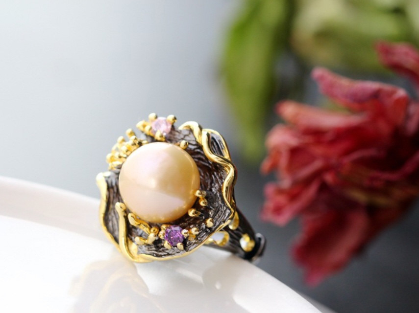 B06 Anello Art Nouveau Nouveau Nouveau nero fioritura dorato BIANCO perla Sterling argentoo 925 044f03 B06 Anello Art Nouveau Nouveau Nouveau nero fioritura dorato BIANCO perla Sterling argentoo 925 044f03