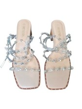 DREAM PAIRS Women Chunky Heel Open Toe Clear Studded Rhinestone Heel Sandals 11