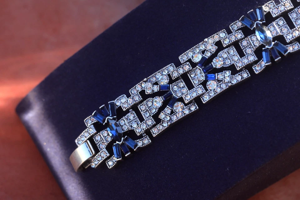 Armband Silber Kunst Deko Strass Blau Ehe Vintage Stil Great Gatsby - Bild 4 von 4