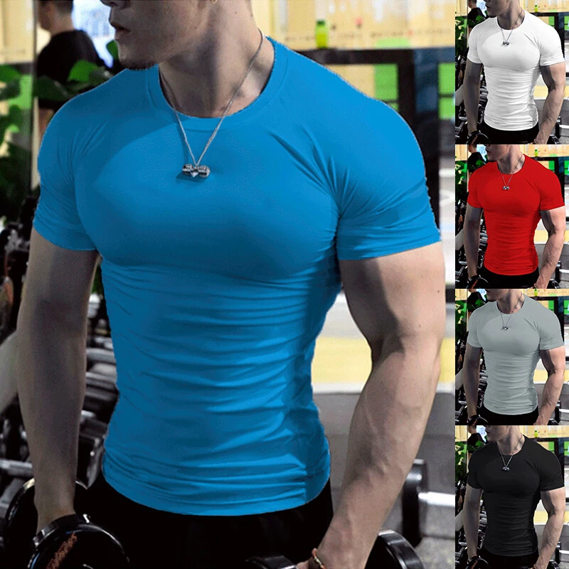 Mens Short Sleeve Fitness T Shirt Running Sport Gym Muscle T-shirts Workout  Tops