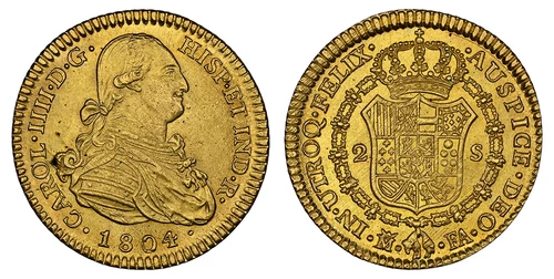 SPAIN. Charles IV. 1804-(Crowned M) FA AV 2 Escudos. NGC MS63 Madrid. Calico 347