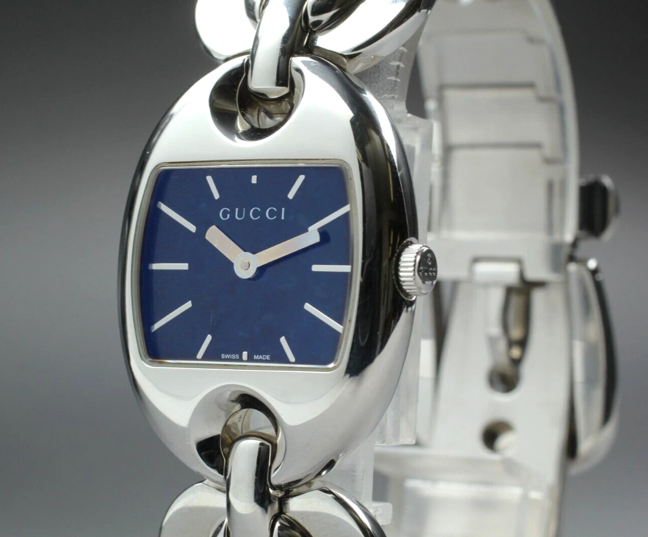 【EXC+5】 Montre Femme Gucci 121.5 Marina Chaîne Cadran Noir Quartz Argent JAPON