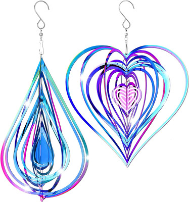 2 Pieces Wind Spinner 3D Hanging Wind Sculptures Outdoor Metal Flowing Stainless