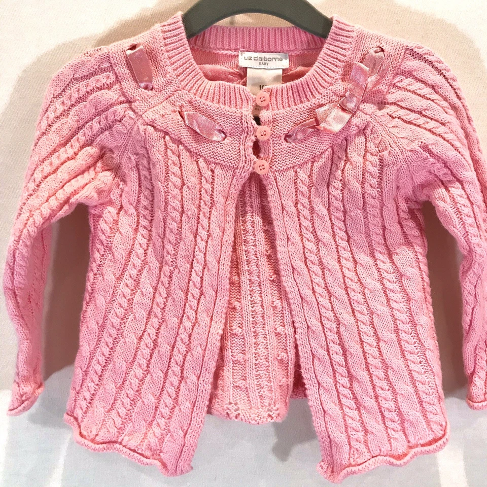 Cárdigan Liz Claiborne Bebé Rosa Crochet Frente Abierto Rosa Lazo Cinta Talla 18 Mos Foto 4 de 4
