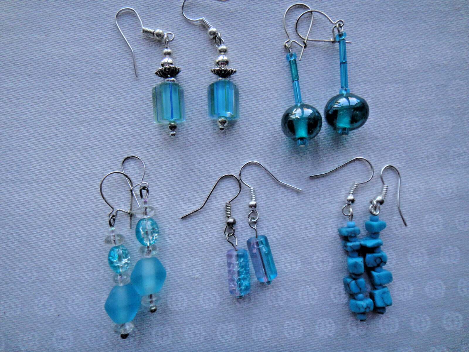 5 pairs new blue turquoise & glass Drop Earrings job lot 2-3.5cms long