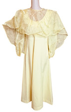 Vintage 70s Yellow Maxi Dress Sheer Puff Sleeve Floral Shoulder Cap Overthrow S