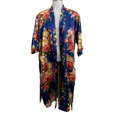 NWOT Kimono Robe Womens Large White Silky Blue Red Floral Bouquet FlowersTie