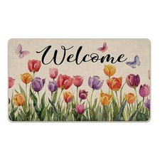 Spring Summer Flower Welcome Front Door Mat, Watercolor Flower Butterfly Tulip