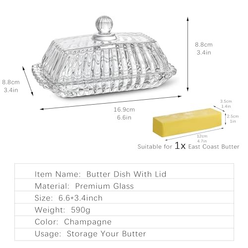 QFkris 6.5'' Glass Butter Dish with Lid,Clear Classic Covered Clear 