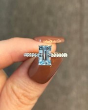 Solid 925 Sterling Silver Aquamarine Baguette Shape Gemstone Women Ring U1