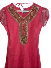 Boho Pink Beaded Chiffon Dress Gold Sequin Tunic Festival Party Sheer