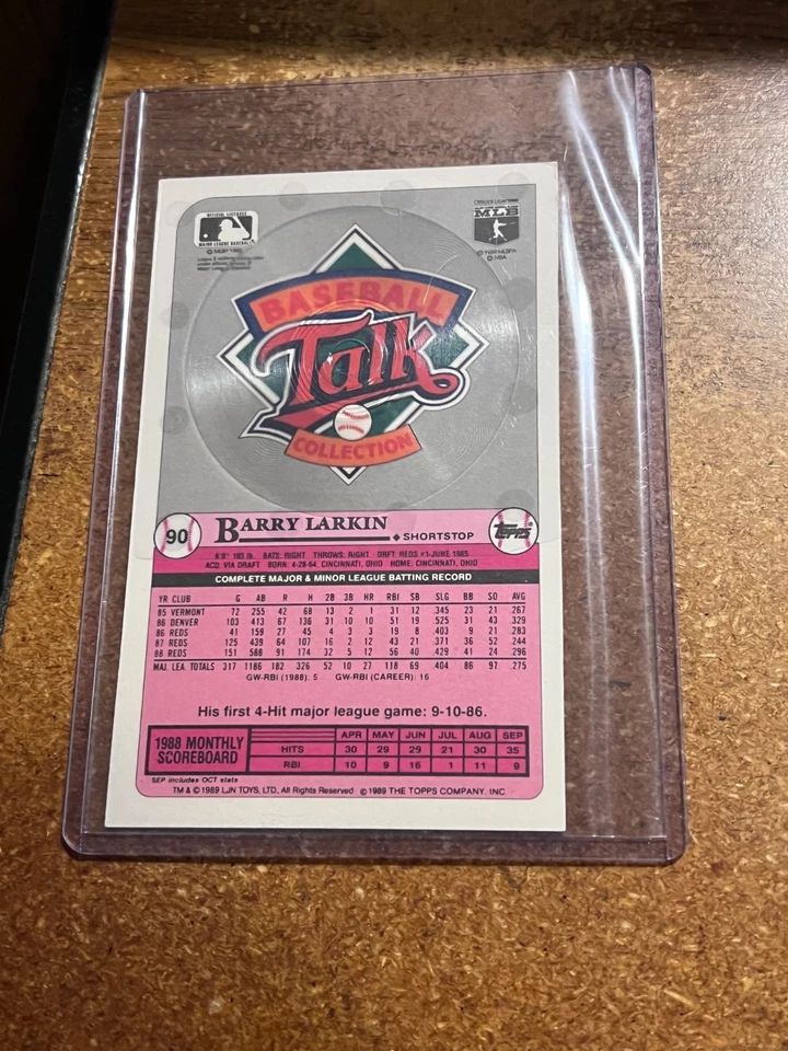 1989 Topps Baseball Talk Collection/LJN Toys # 90 Barry Larkin - Image 2 of 2